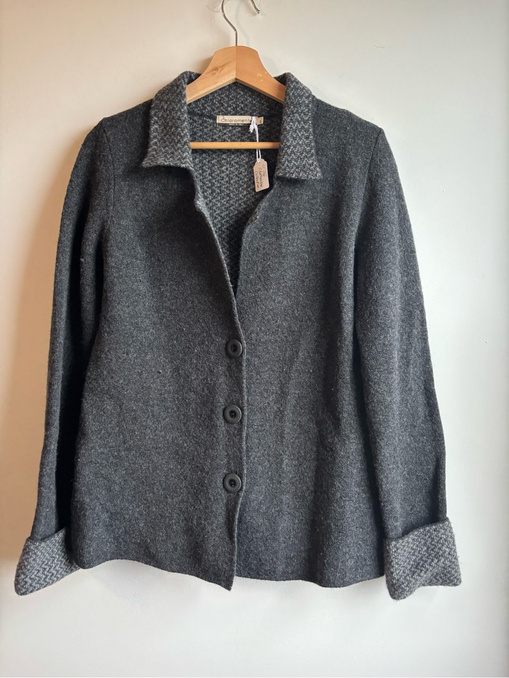 Grey Wool Button-Up Jacket with Contrasting Trim